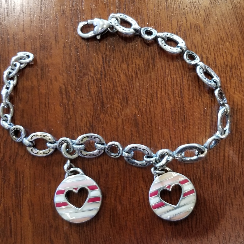 Brighton bracelet,  silver, 2 pink and red heart charms, detachable